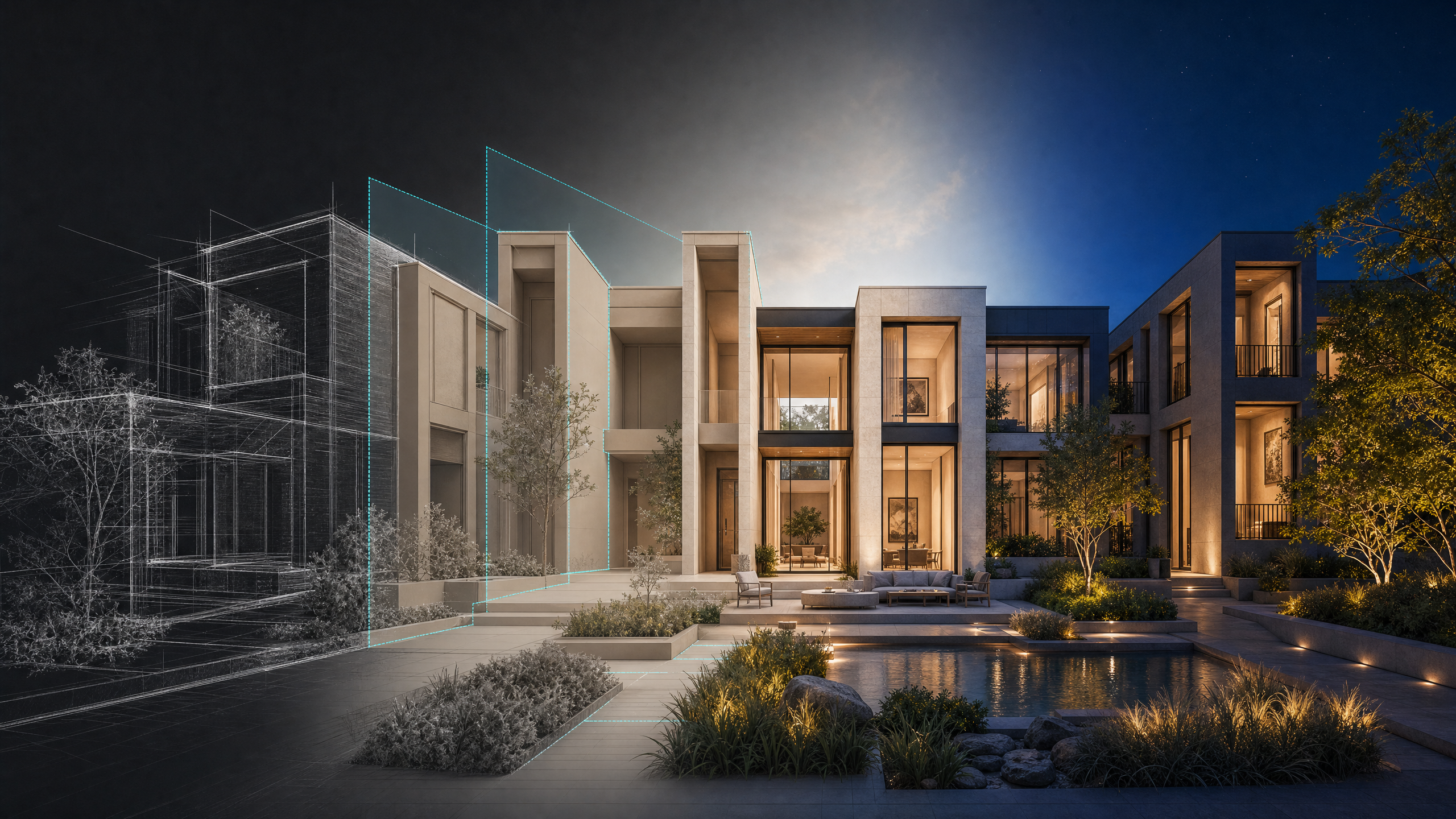 Evolución de una visualización arquitectónica desde el estudio conceptual hasta opciones detalladas de renderizado con IA