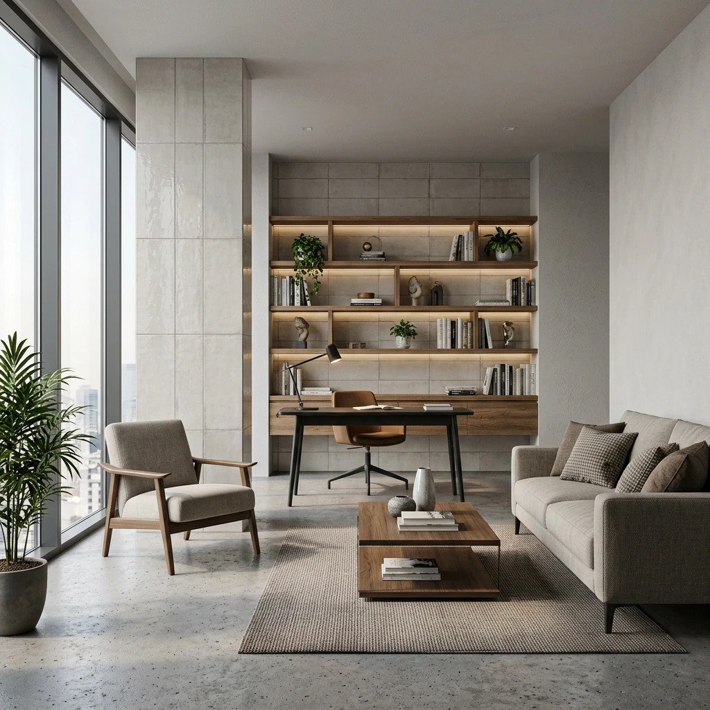 A pale Rendero showcase interior with illuminated shelves, a desk and lounge seating.