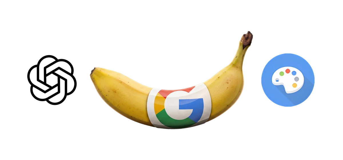 Illustration combining an OpenAI logo, a banana with a Google mark and an image-editing icon