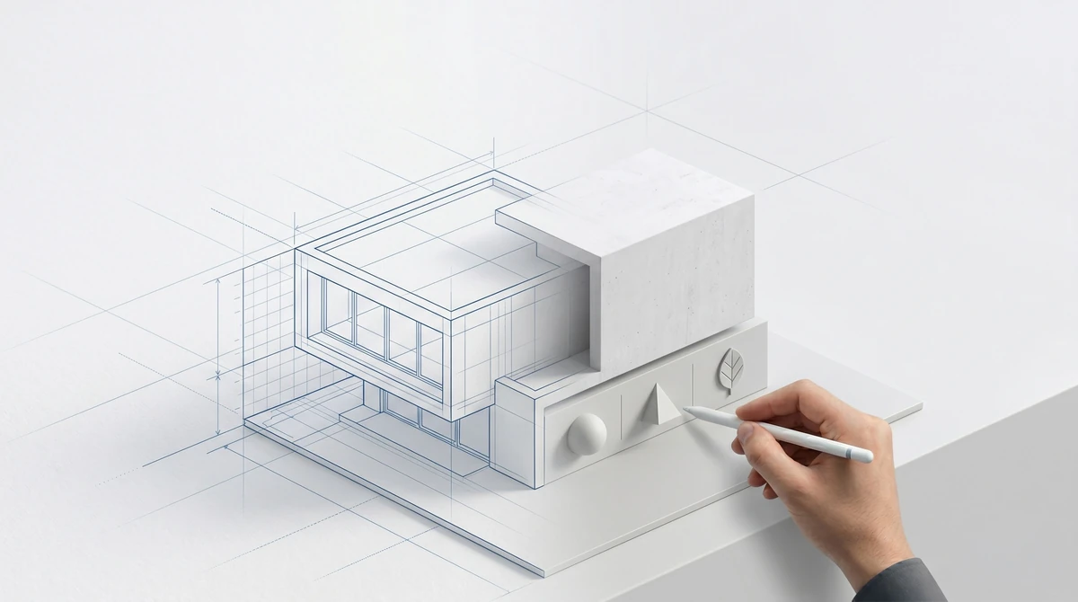 Concept illustration of a house model combining drawn outlines and white surfaces