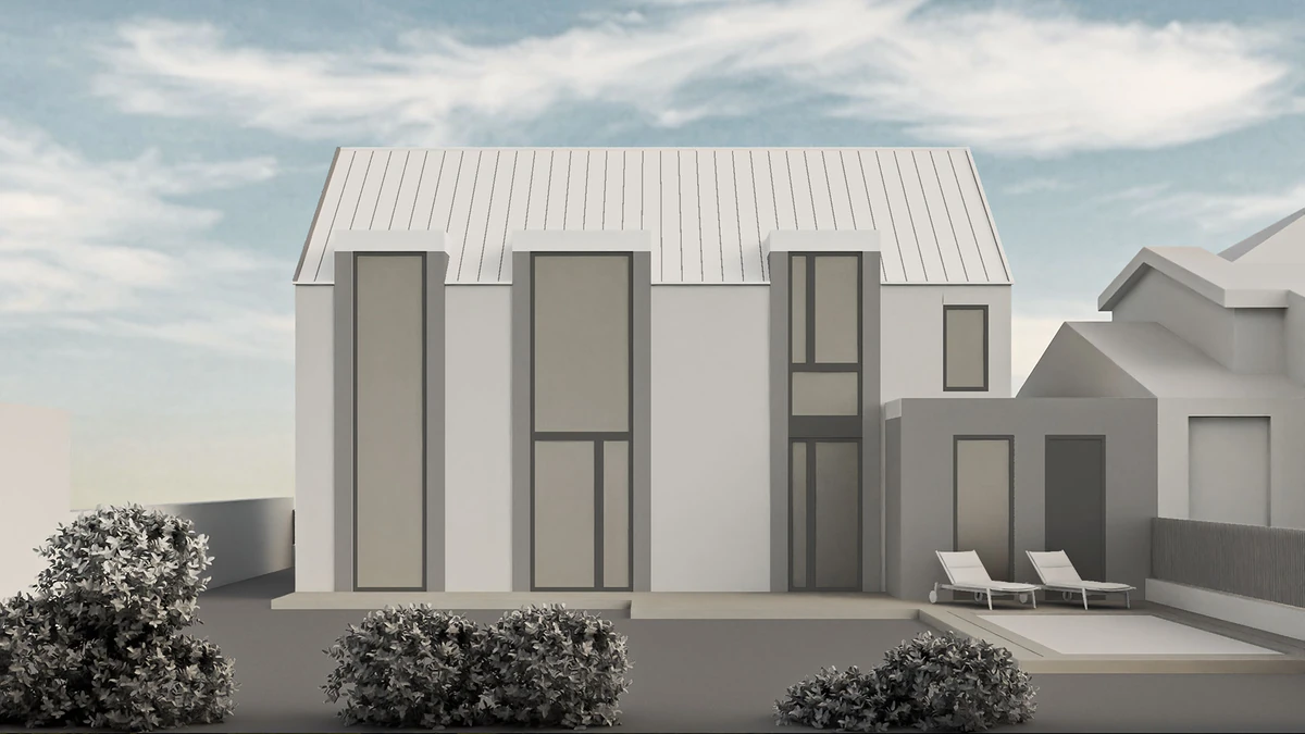 Neutral clay-render example of a pitched-roof house with three tall glazed bays