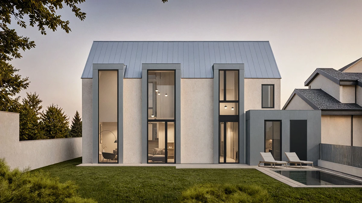 Published exterior visualization of a pitched-roof house with tall glazed bays and a garden