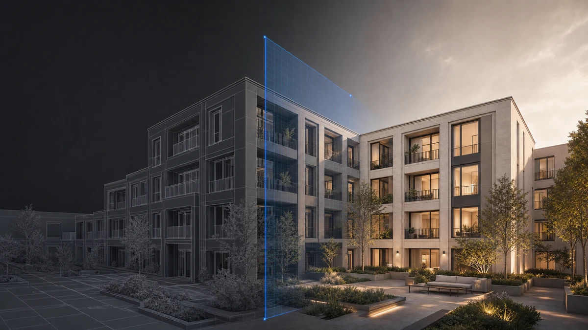 Illustration: architecture transitioning from active 3D model view to a warm detailed AI render