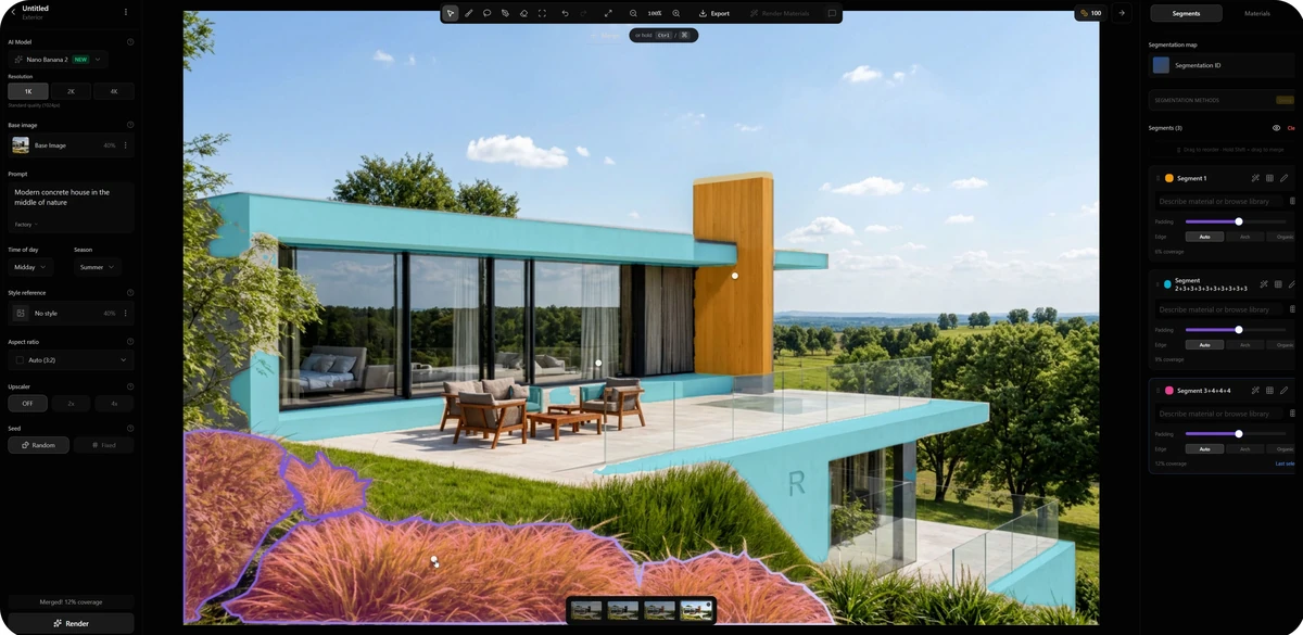 Published Rendero interface showing colored facade selections and a purple-outlined foreground planting region