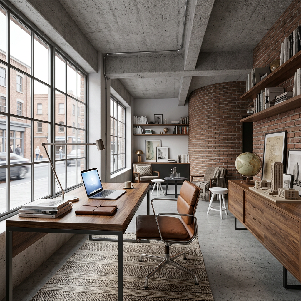 A brick-and-concrete studio with a timber desk, leather chair and tall industrial windows.