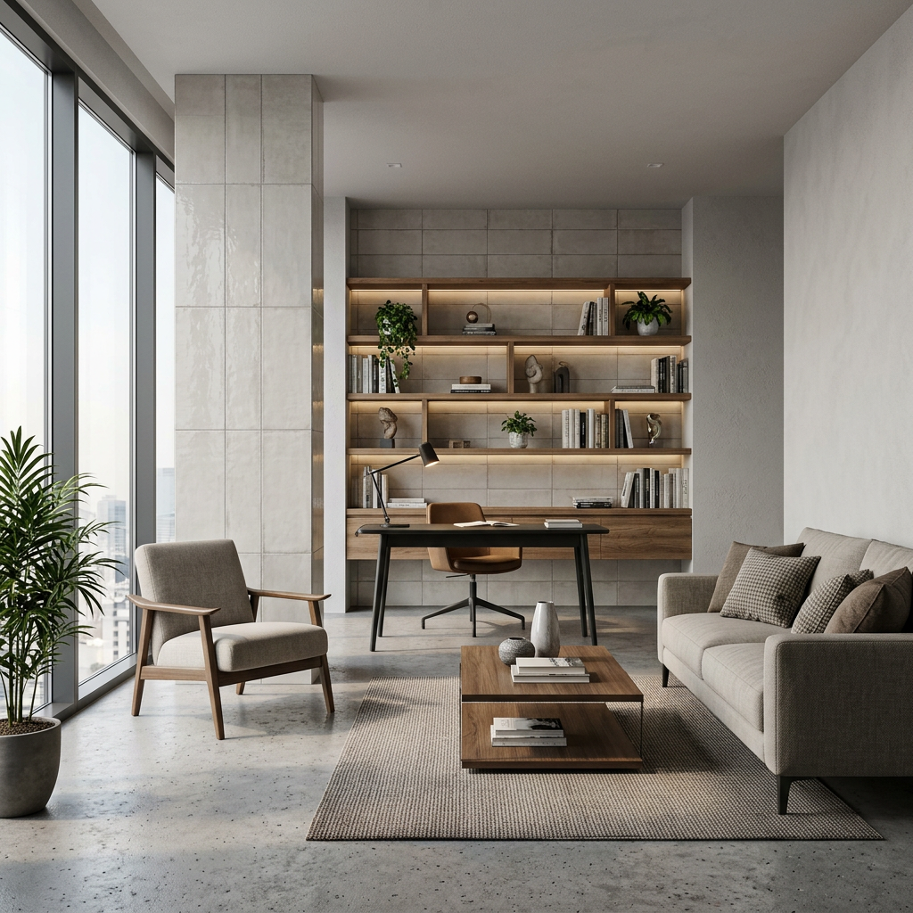 A pale interior with a desk, illuminated shelves, lounge chairs and full-height windows.