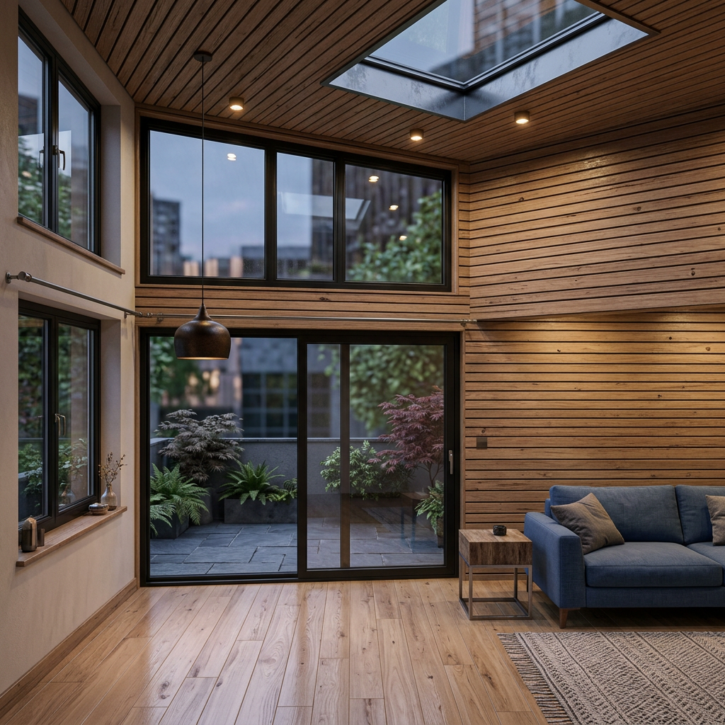 A timber-lined living room with a blue sofa, tall windows and a glazed roof opening.
