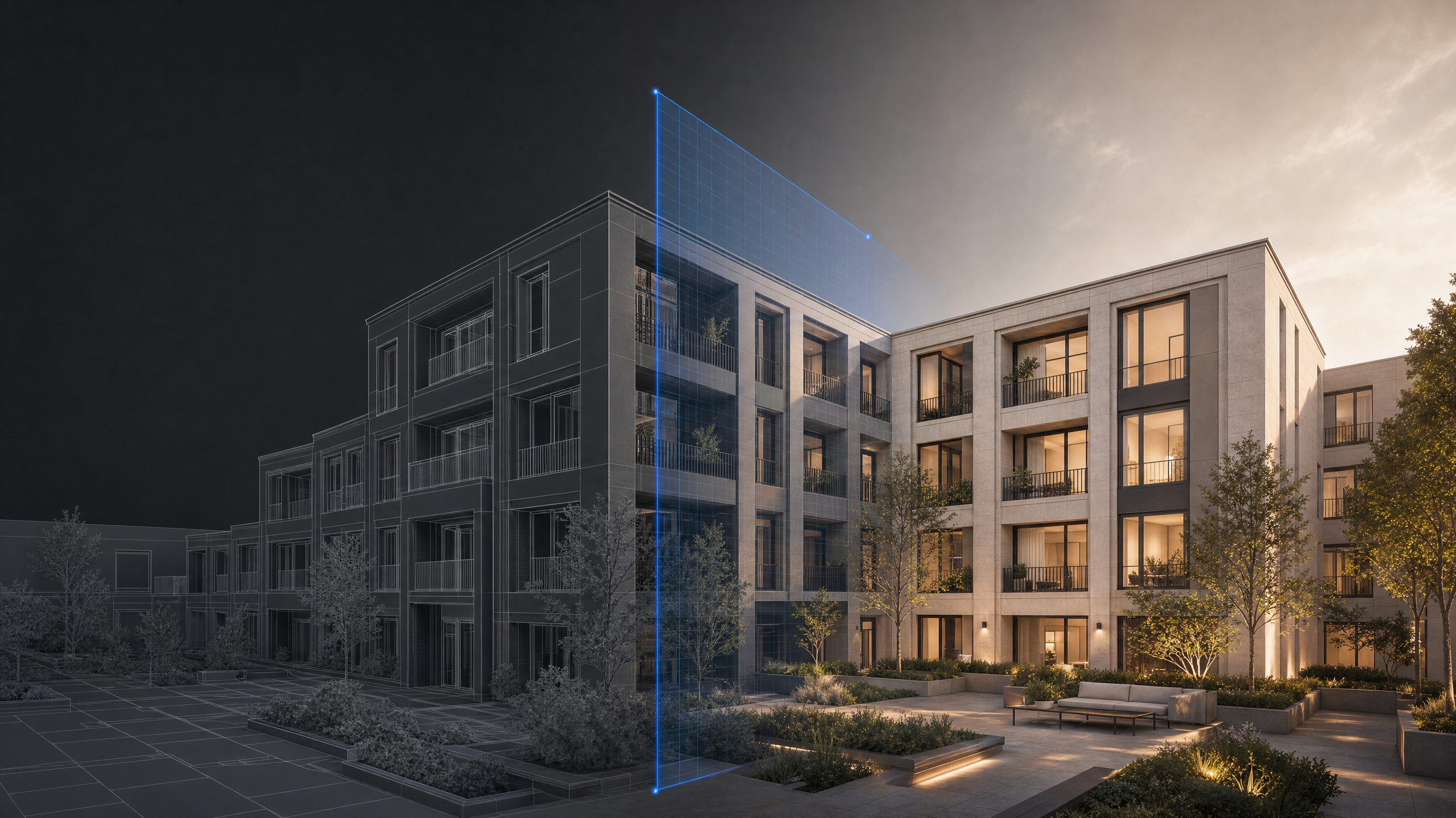 Architecture transitioning from active 3D model view to a warm detailed AI render