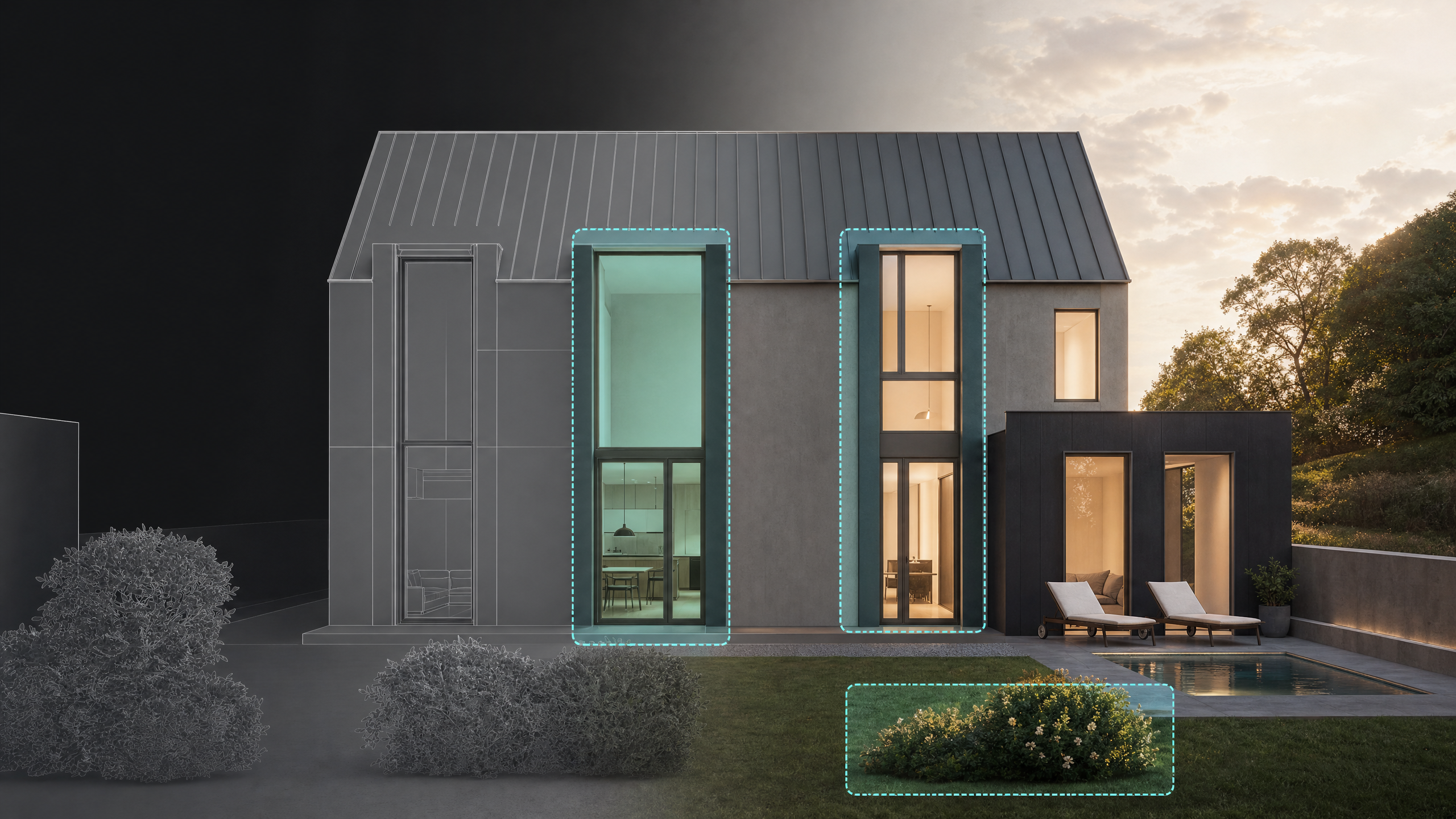 Contemporary architecture transitioning from model view to detailed AI render with selected regions highlighted