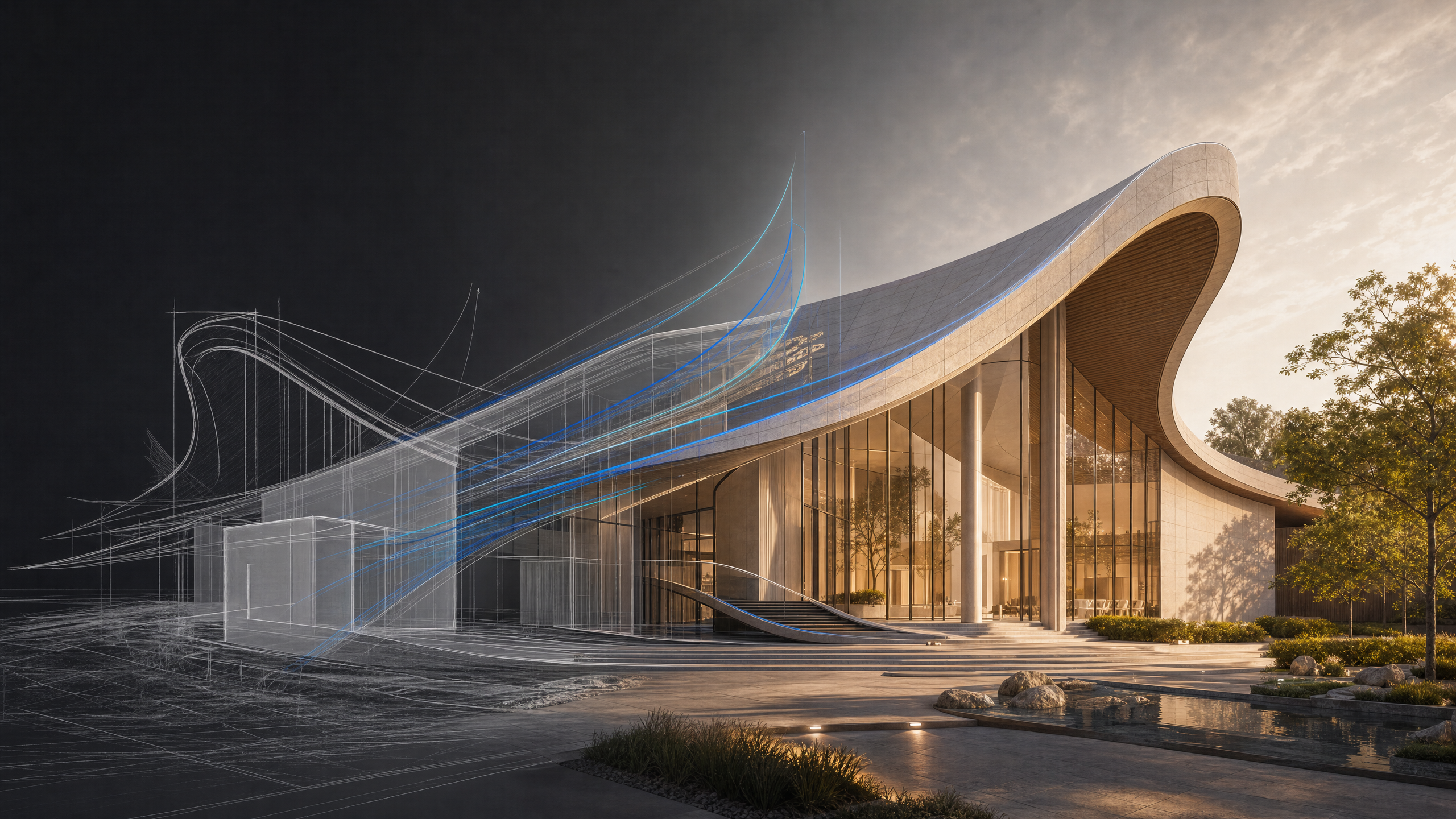 Architectural concept sketch evolving into a detailed AI architectural render