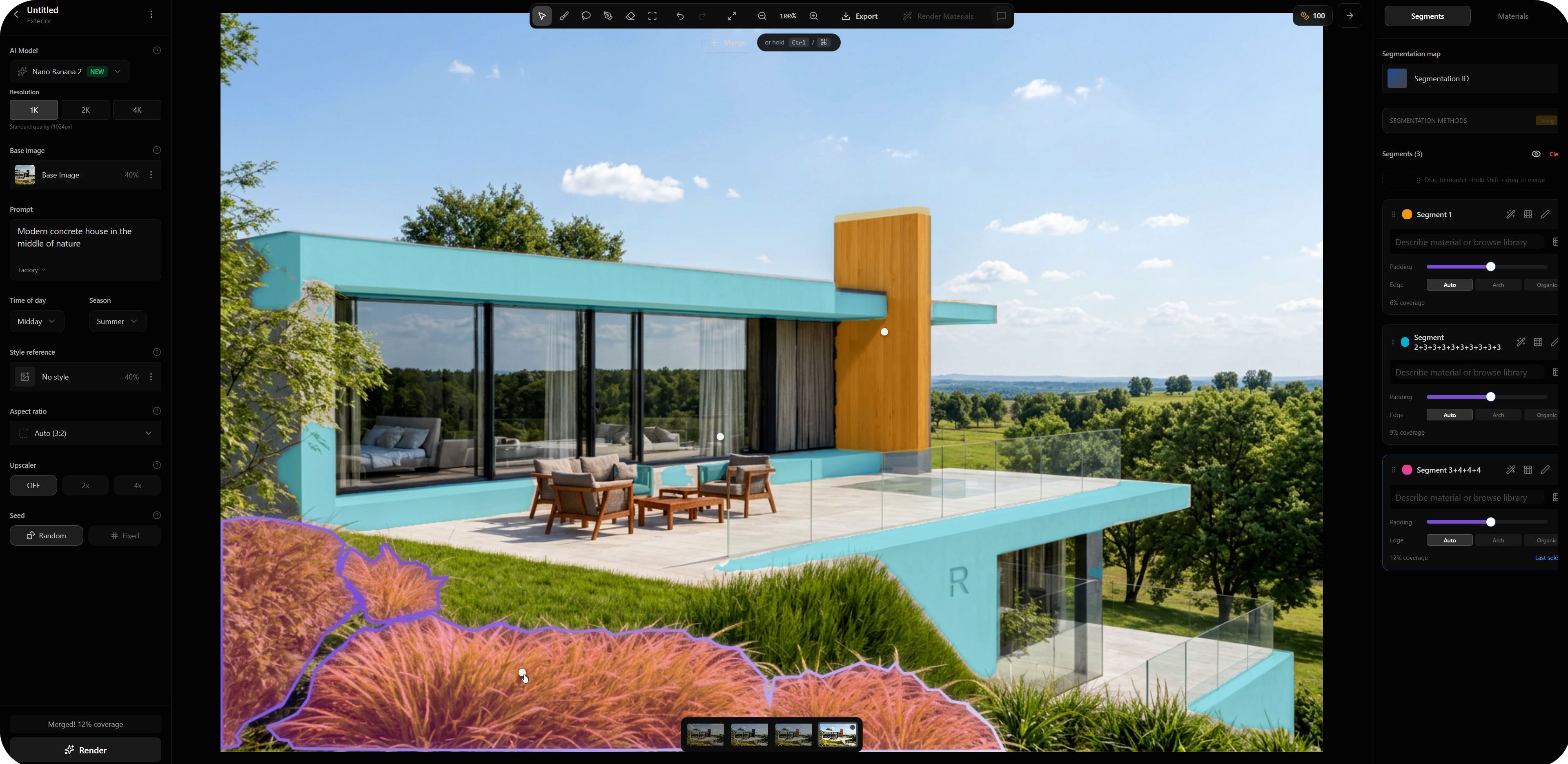 Rendero segmentation interface with selected landscape regions on an architectural render